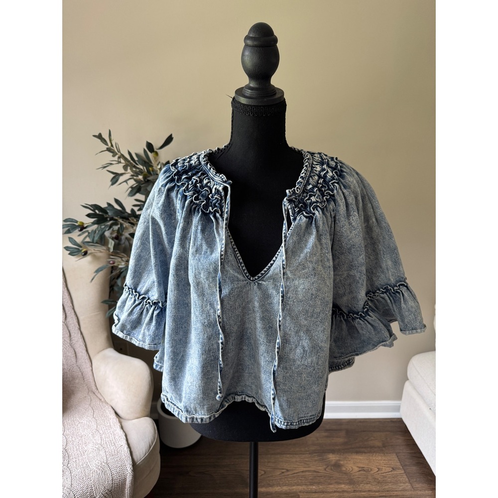 Free People Acid Wash Denim Smocked V-Neck Ruffle Bell Sleeve Boho Top Blue XS